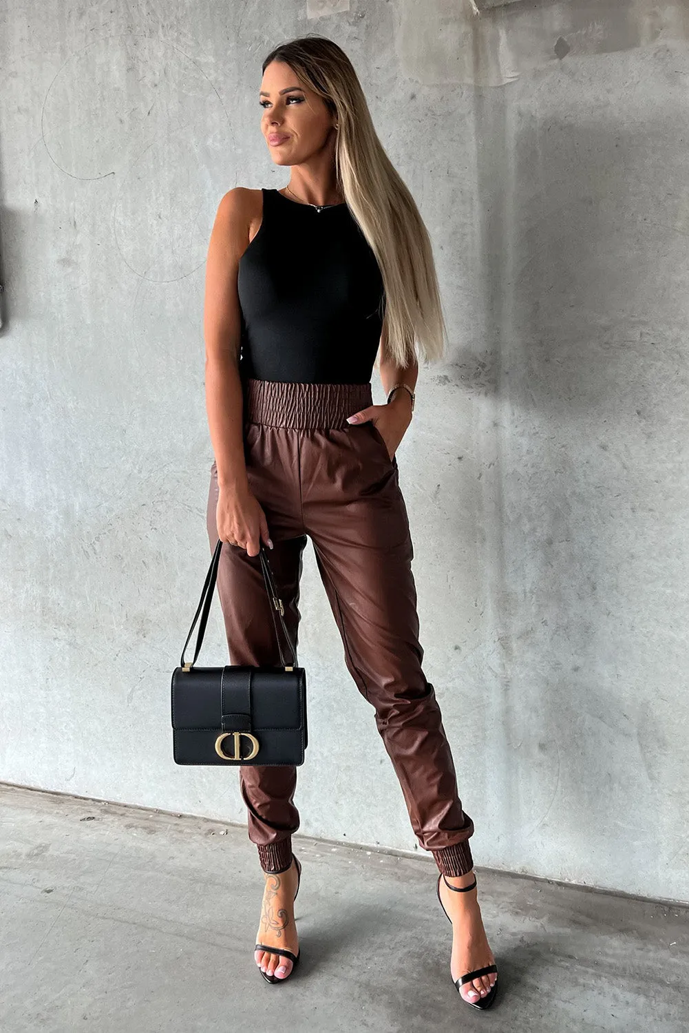 Brown Smocked High-Waist Leather Skinny Pants