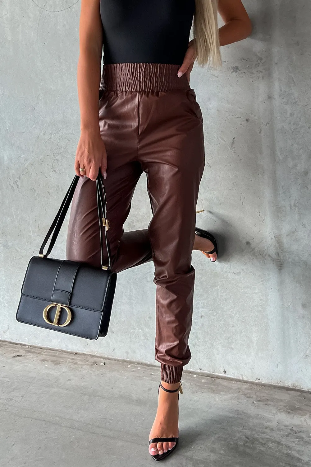Brown Smocked High-Waist Leather Skinny Pants