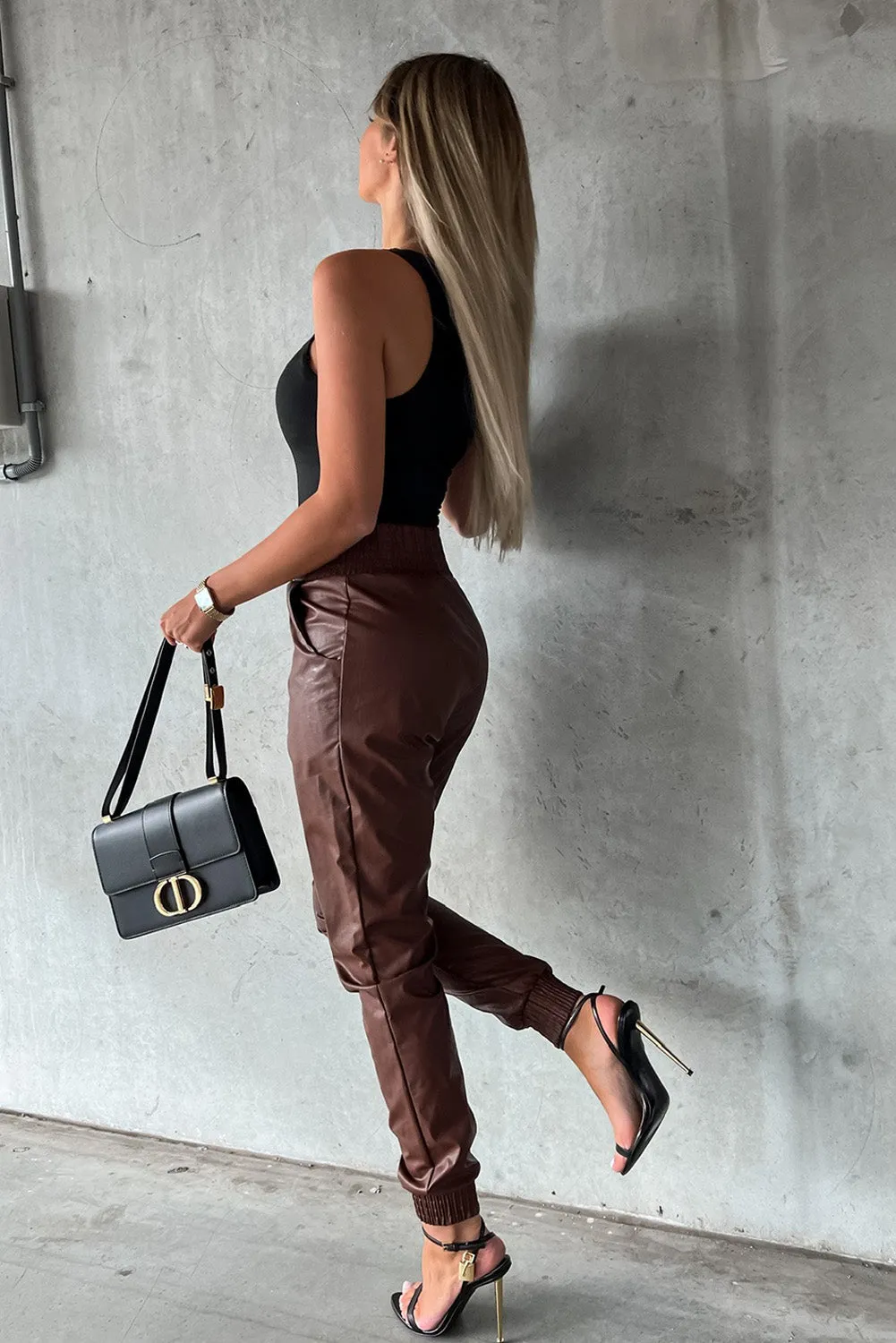 Brown Smocked High-Waist Leather Skinny Pants