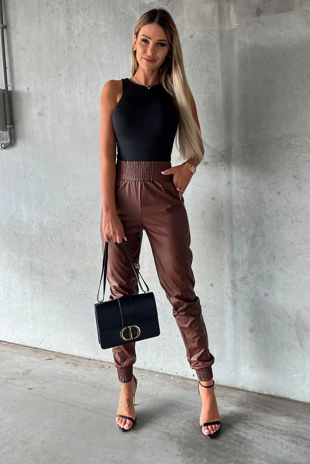 Brown Smocked High-Waist Leather Skinny Pants