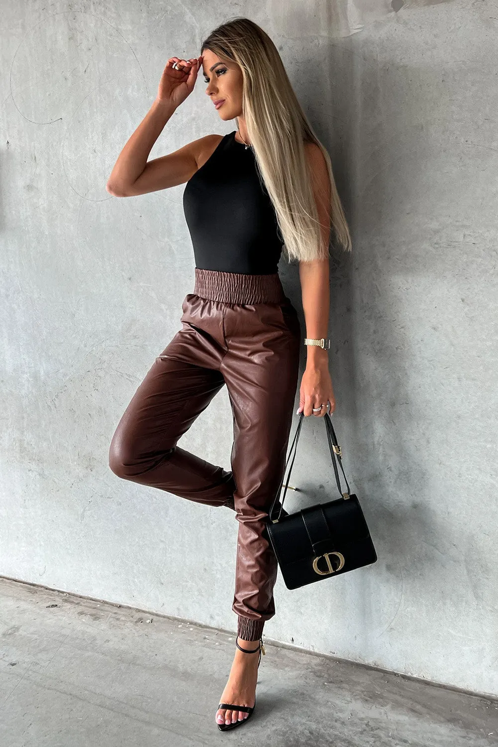 Brown Smocked High-Waist Leather Skinny Pants