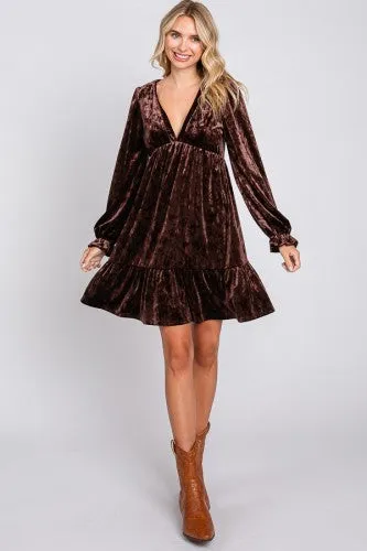Brown Velvet Long Sleeve Flutter Dress