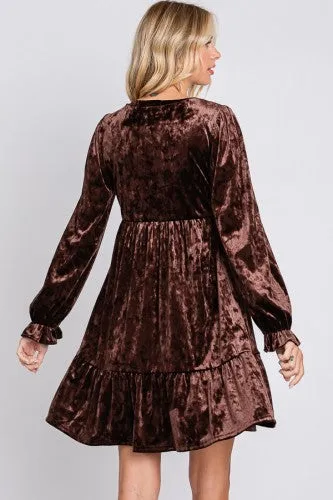 Brown Velvet Long Sleeve Flutter Dress