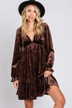 Brown Velvet Long Sleeve Flutter Dress