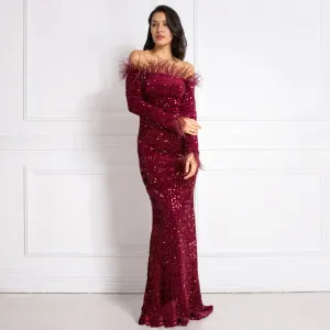 Burgundy Shiny Sequin Feather Velvet Party Dress