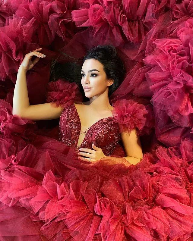 Burgundy Tulle Quinceanera Dresses Ruffles Beaded Lace Appliques Sexy Deep V-Neckline Ball Gown Sweet 16 Dress