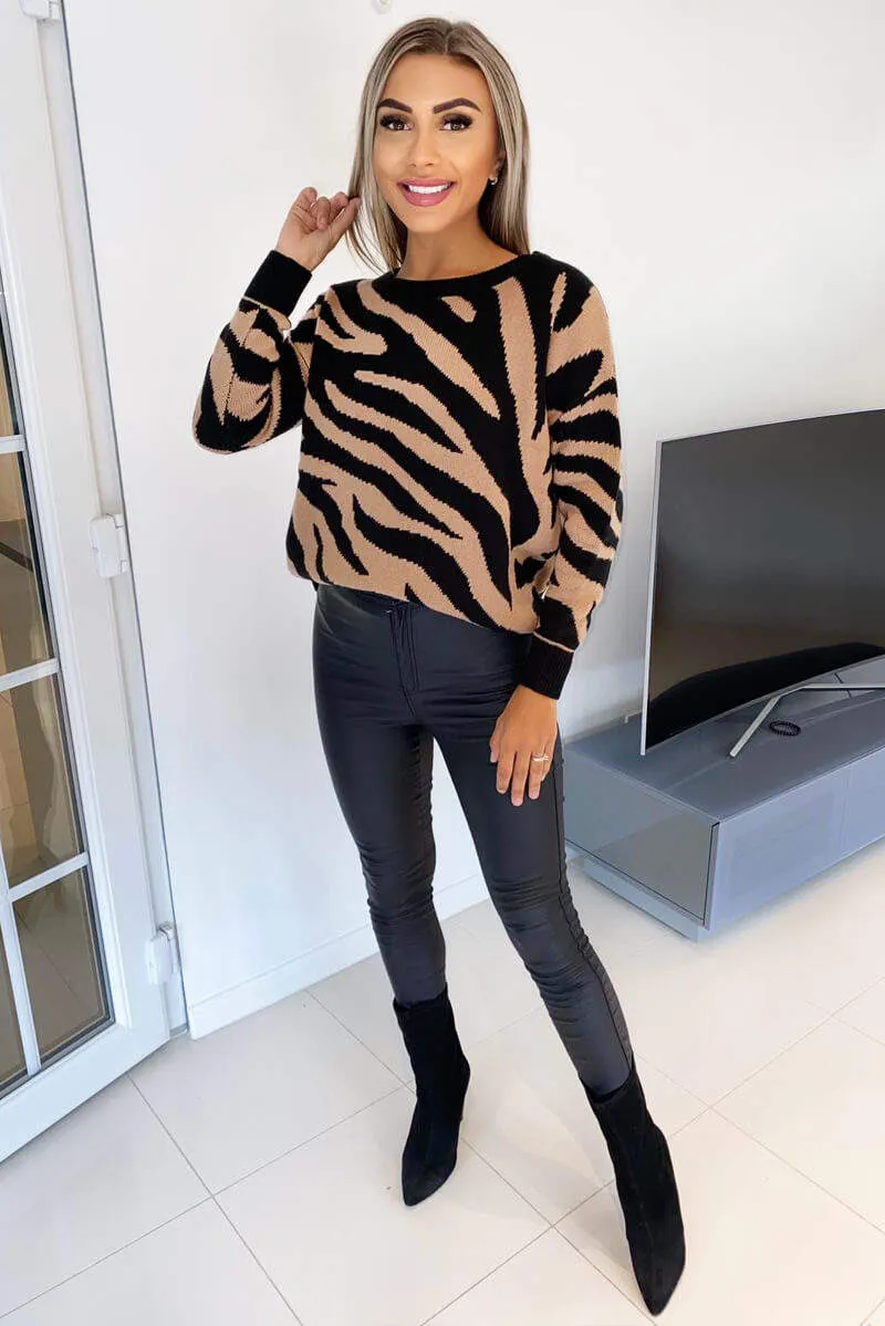 Camel and Black Zebra Knitted Jumper