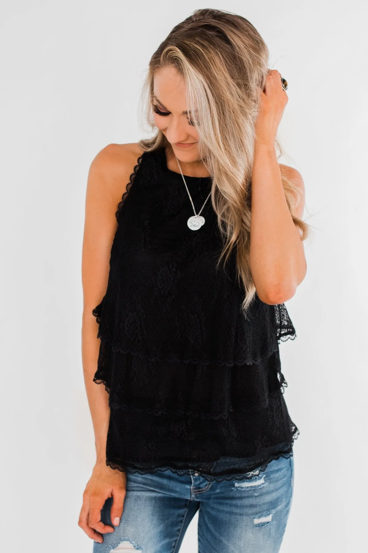 Captivating In Lace Ruffle Tank Top- Black