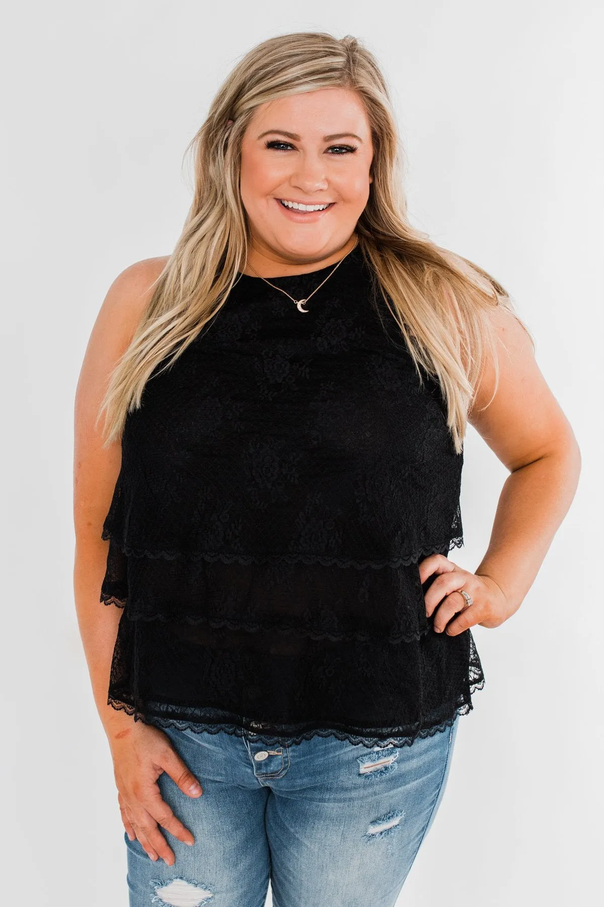 Captivating In Lace Ruffle Tank Top- Black