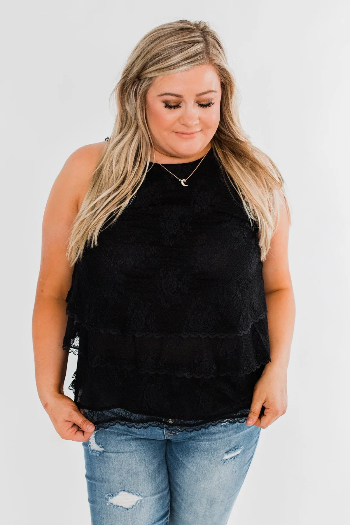 Captivating In Lace Ruffle Tank Top- Black