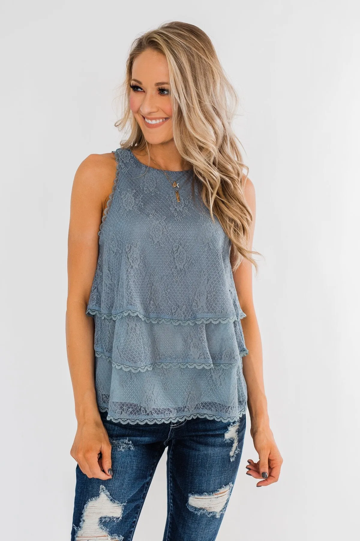Captivating In Lace Ruffle Tank Top- Slate Blue