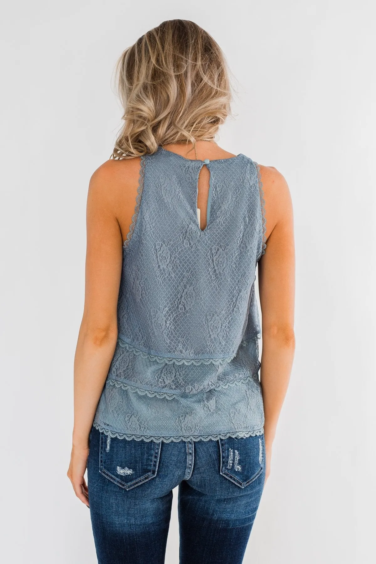 Captivating In Lace Ruffle Tank Top- Slate Blue