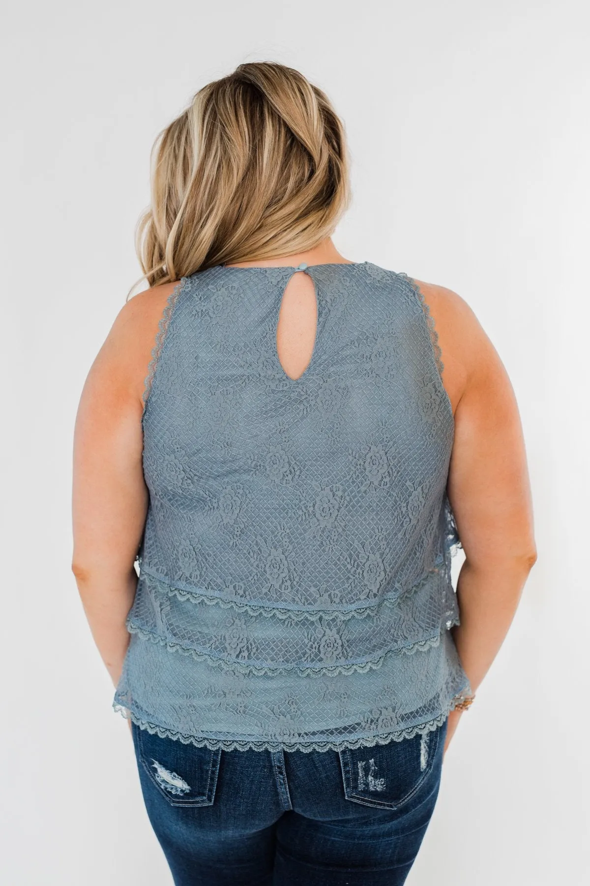 Captivating In Lace Ruffle Tank Top- Slate Blue