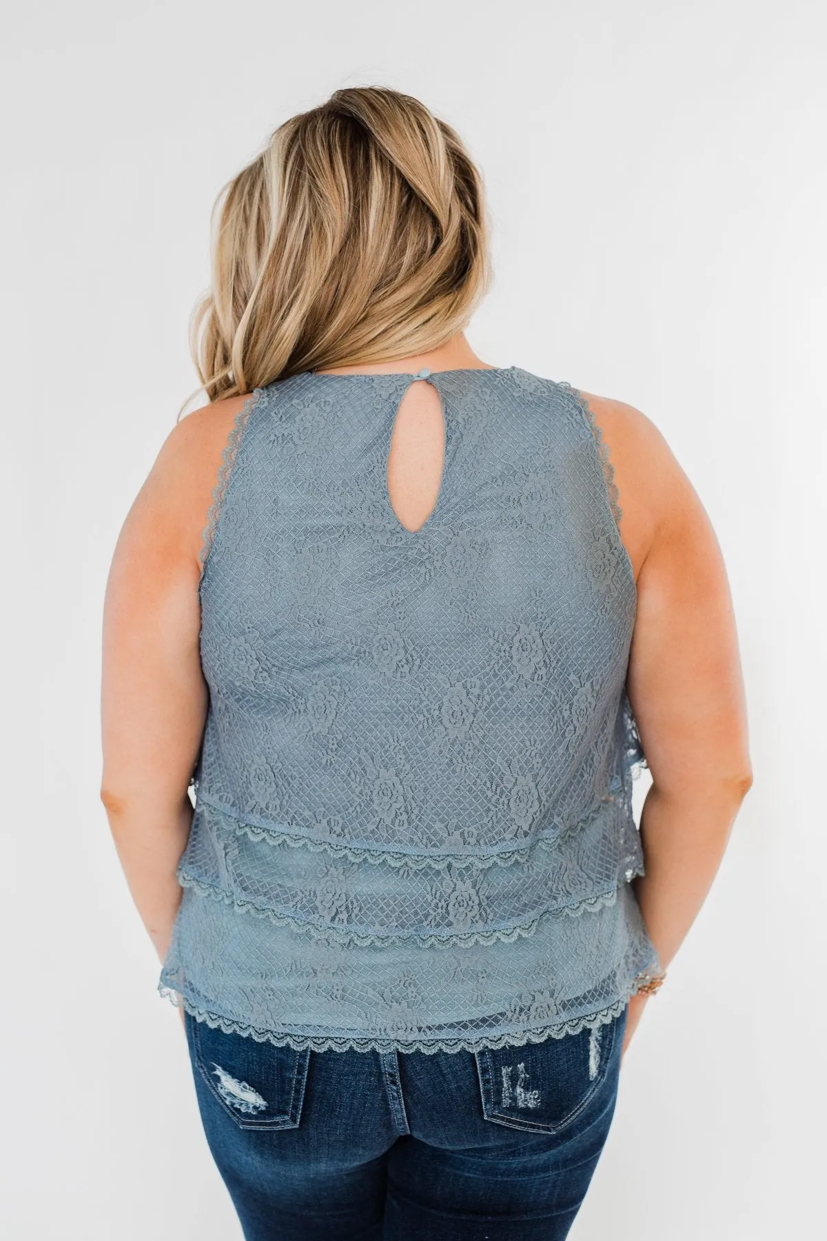 Captivating In Lace Ruffle Tank Top- Slate Blue