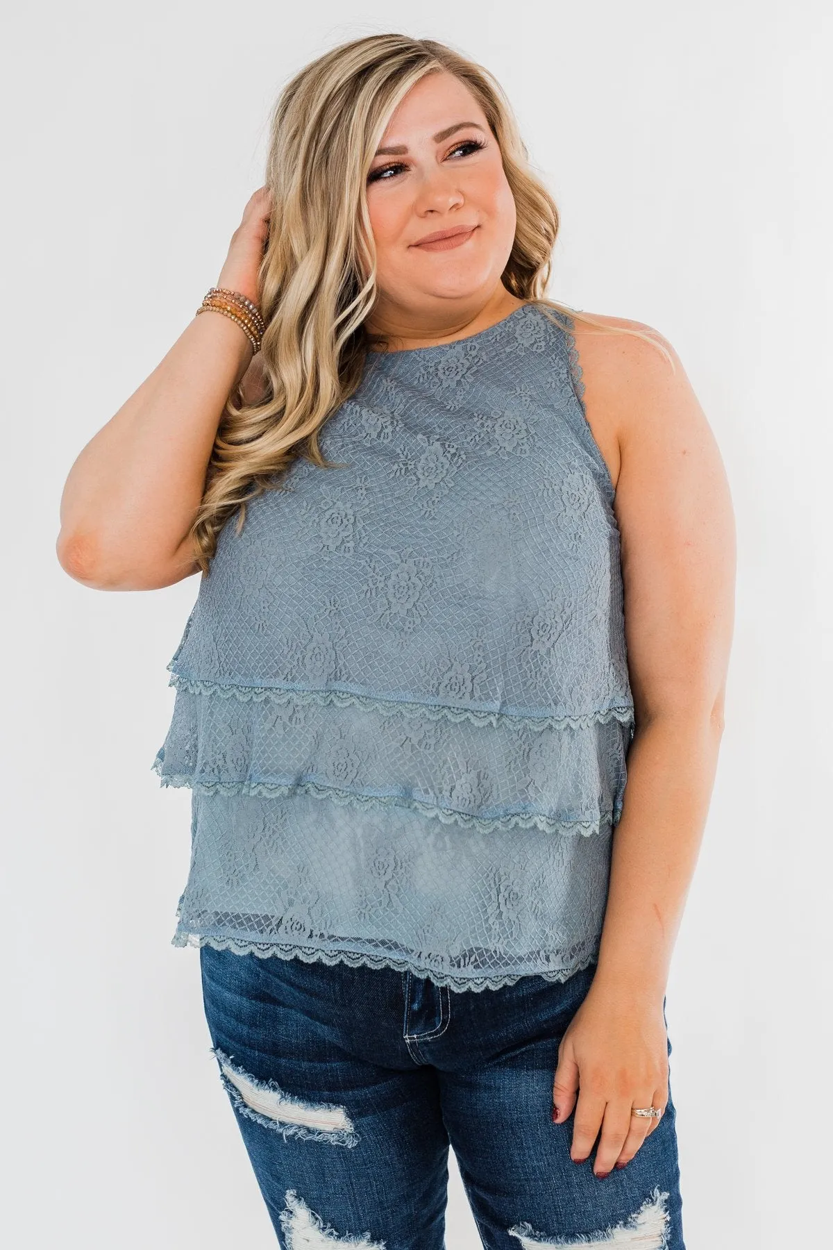 Captivating In Lace Ruffle Tank Top- Slate Blue