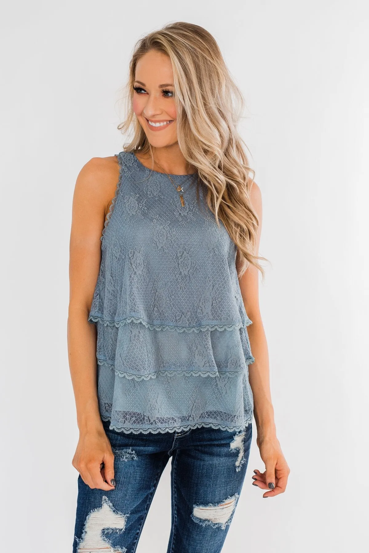 Captivating In Lace Ruffle Tank Top- Slate Blue