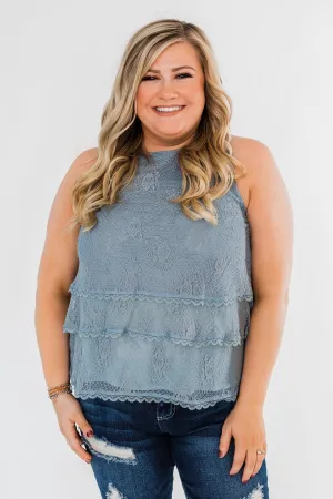 Captivating In Lace Ruffle Tank Top- Slate Blue