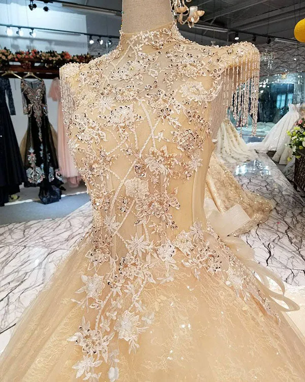 Champagne Gold Ball Gown Wedding Dresses with High Neck 2018 Bridal Gowns with Flowers