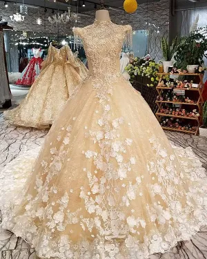 Champagne Gold Ball Gown Wedding Dresses with High Neck 2018 Bridal Gowns with Flowers