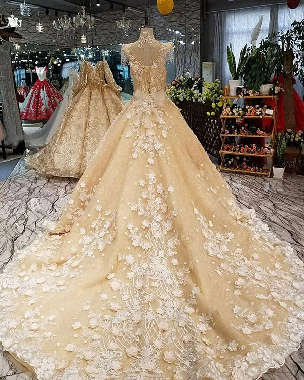 Champagne Gold Ball Gown Wedding Dresses with High Neck 2018 Bridal Gowns with Flowers