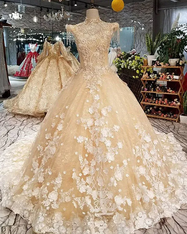 Champagne Gold Ball Gown Wedding Dresses with High Neck 2018 Bridal Gowns with Flowers