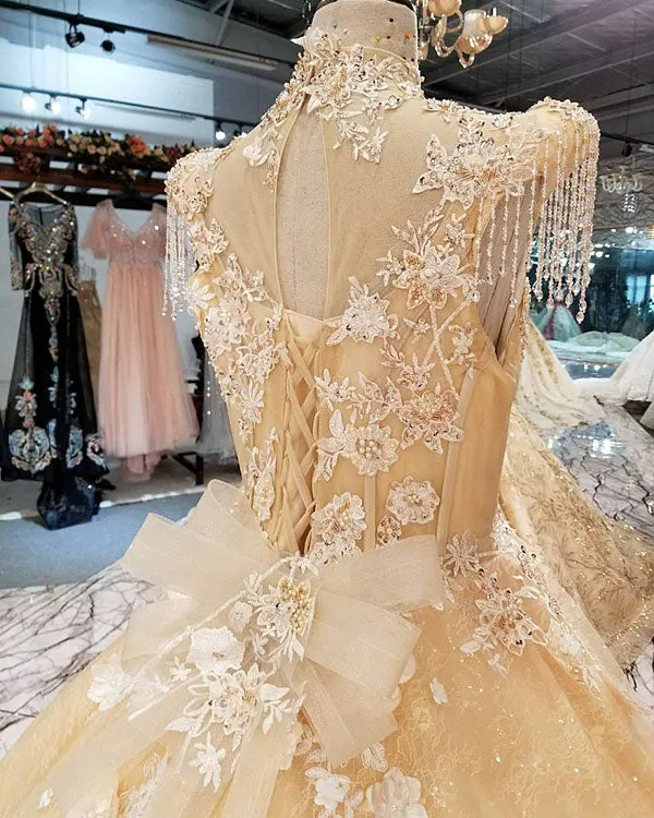 Champagne Gold Ball Gown Wedding Dresses with High Neck 2018 Bridal Gowns with Flowers