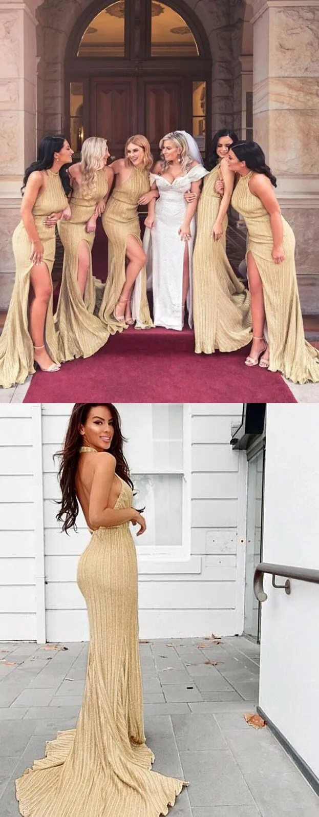 Charming Custom Sparkly Sheath Halter Backless Long Gold Bridesmaid Dresses with Split, WG398