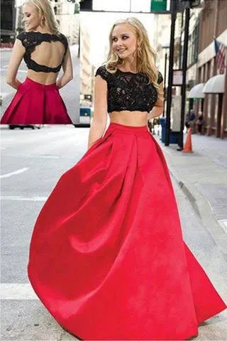 Charming Red And Black Two Pieces Lace Floor-length Prom Dresses Evening Dresses,MP486