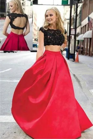 Charming Red And Black Two Pieces Lace Floor-length Prom Dresses Evening Dresses,MP486