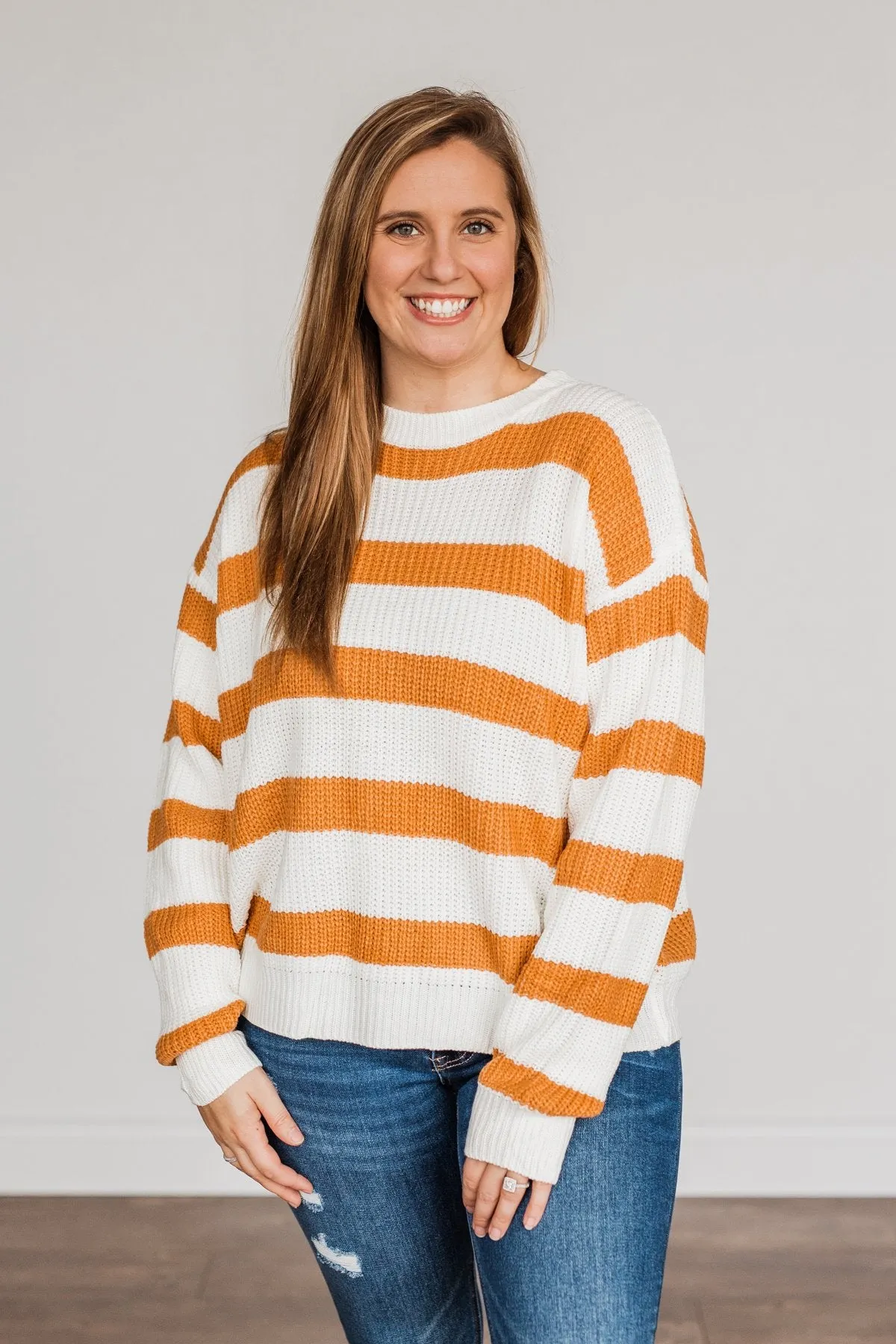 Checking You Out Striped Sweater- Ivory & Burnt Orange