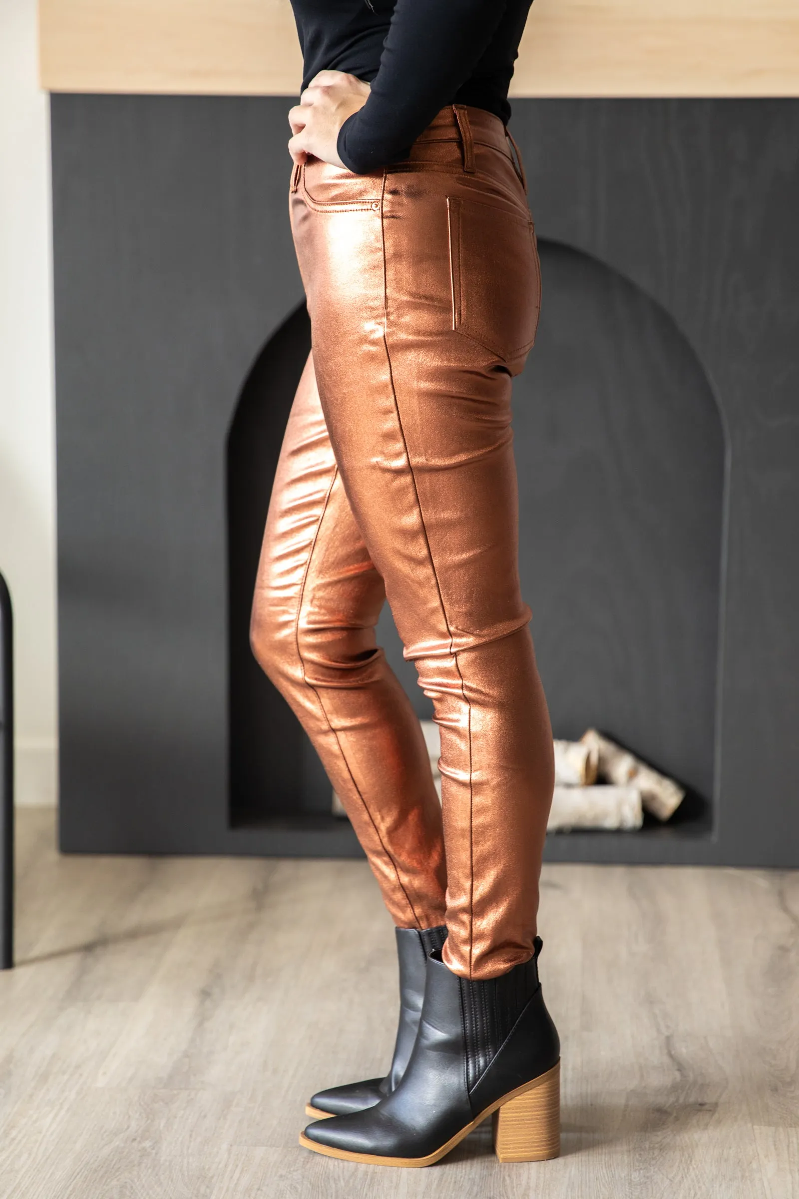 Cognac Metallic Coated Skinny Pants