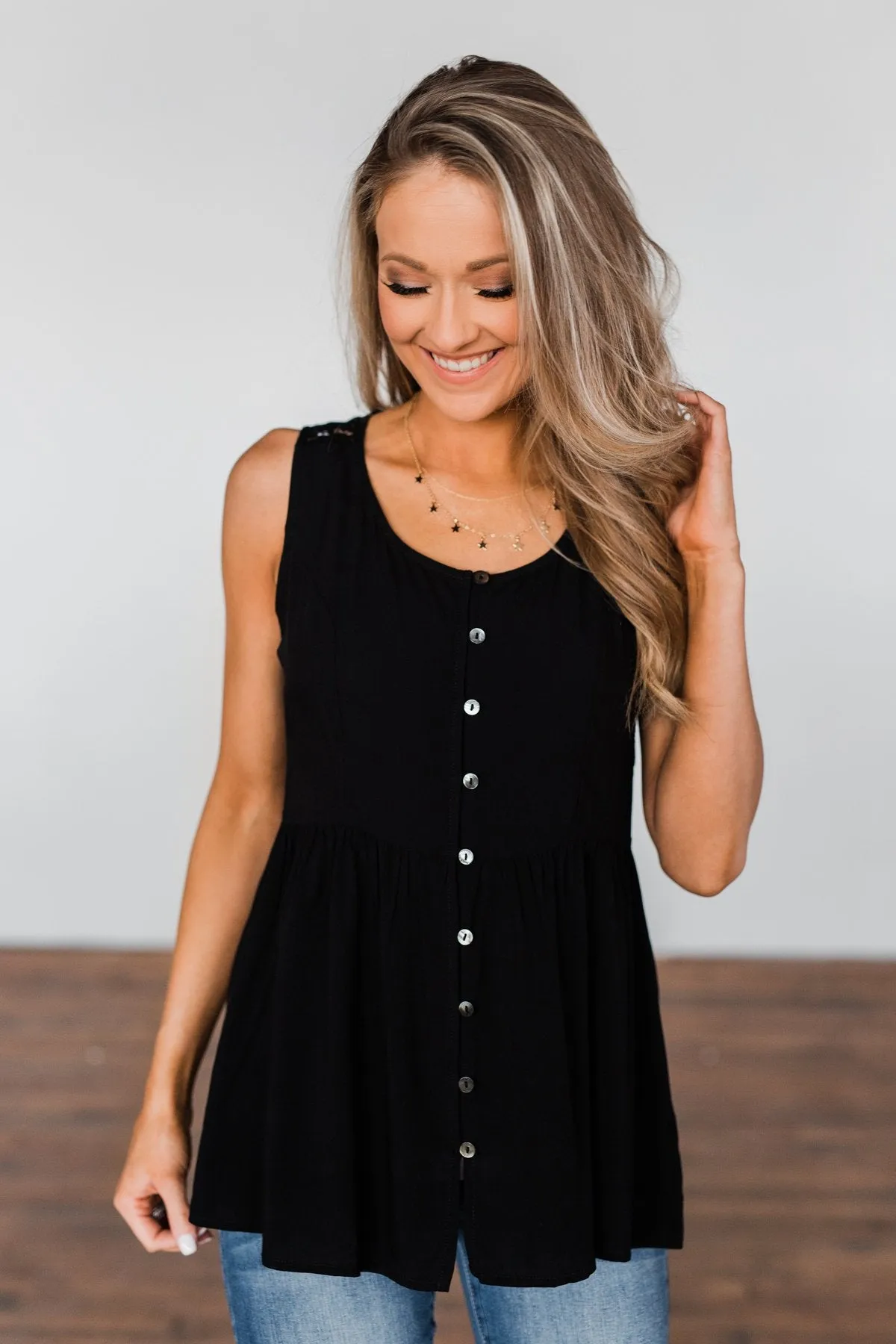 Come Back To Me Button Tank Top- Black