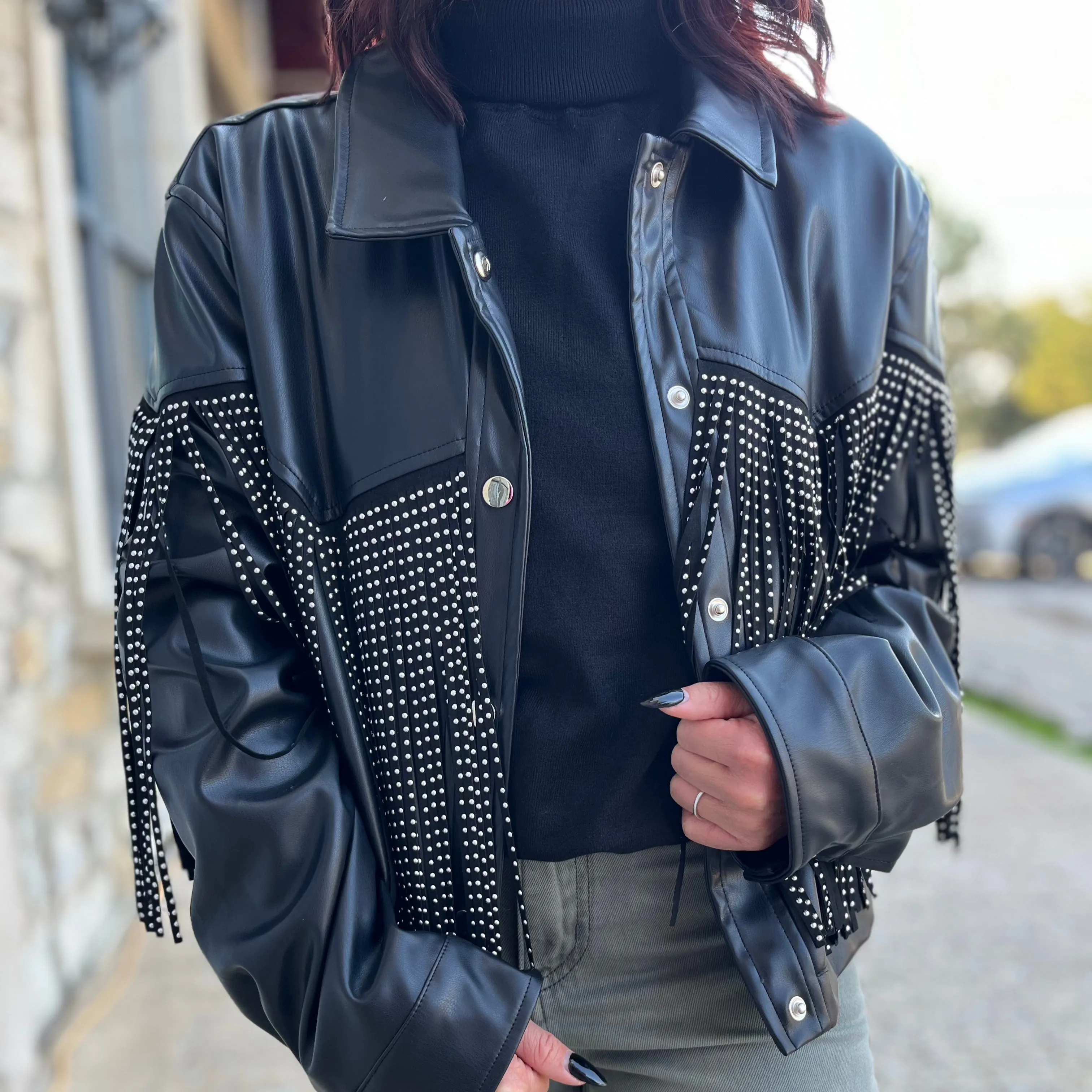 Country Sweetheart Studded Fringe Leather Jacket-FINAL SALE