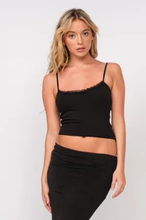 Cropped Cami Tank with Lace Detail - Black -