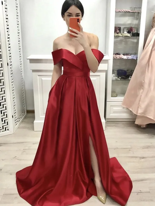 Custom Made Off Shoulder Red Satin Long Prom with Slit, Off the Shoulder Red Formal, Red Evening