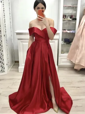 Custom Made Off Shoulder Red Satin Long Prom with Slit, Off the Shoulder Red Formal, Red Evening
