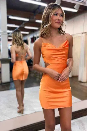 Cute Orange Satin Cowl Neck Tight Homecoming Dresses, Short Prom Dress, MH578