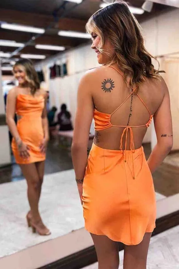 Cute Orange Satin Cowl Neck Tight Homecoming Dresses, Short Prom Dress, MH578
