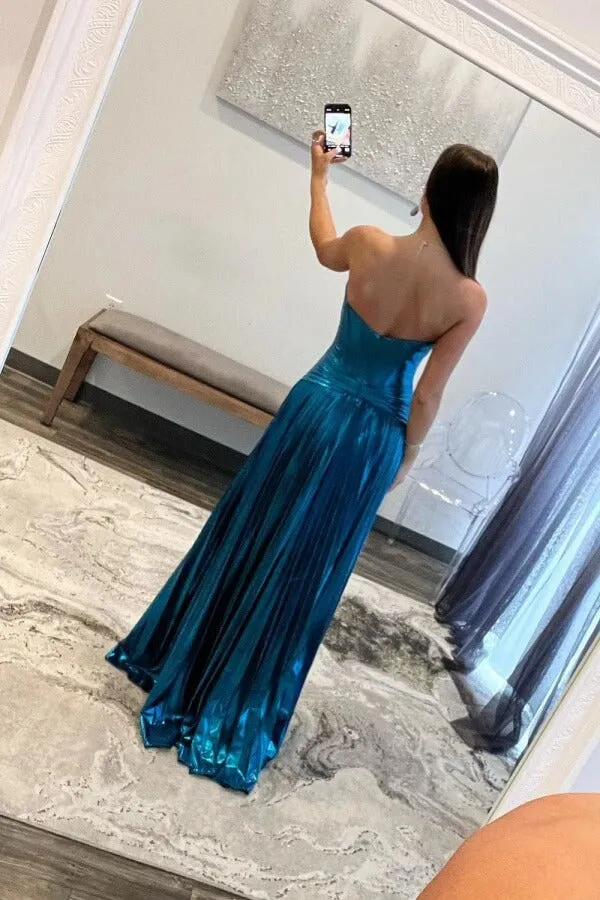 Cute Turquoise A-line Sweetheart Pleated Long Prom Dresses With Slit, MP995