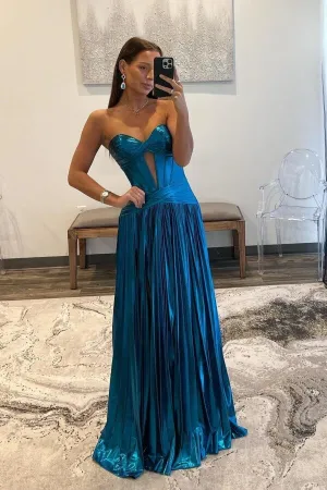 Cute Turquoise A-line Sweetheart Pleated Long Prom Dresses With Slit, MP995