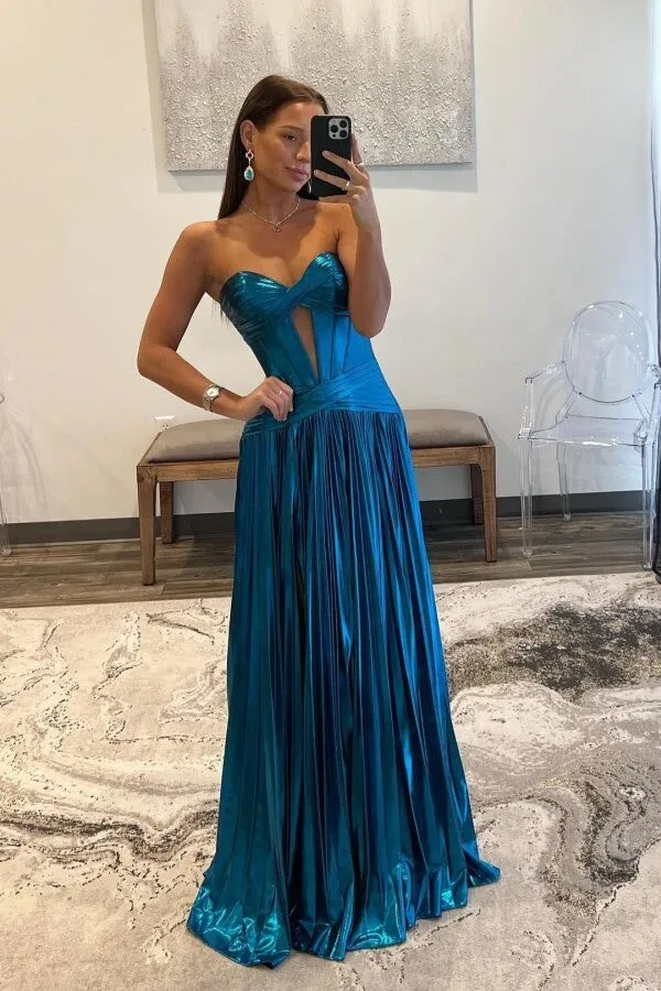 Cute Turquoise A-line Sweetheart Pleated Long Prom Dresses With Slit, MP995
