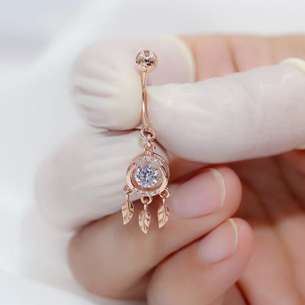 Dancing Diamond Navel Ring with Feather Dangle