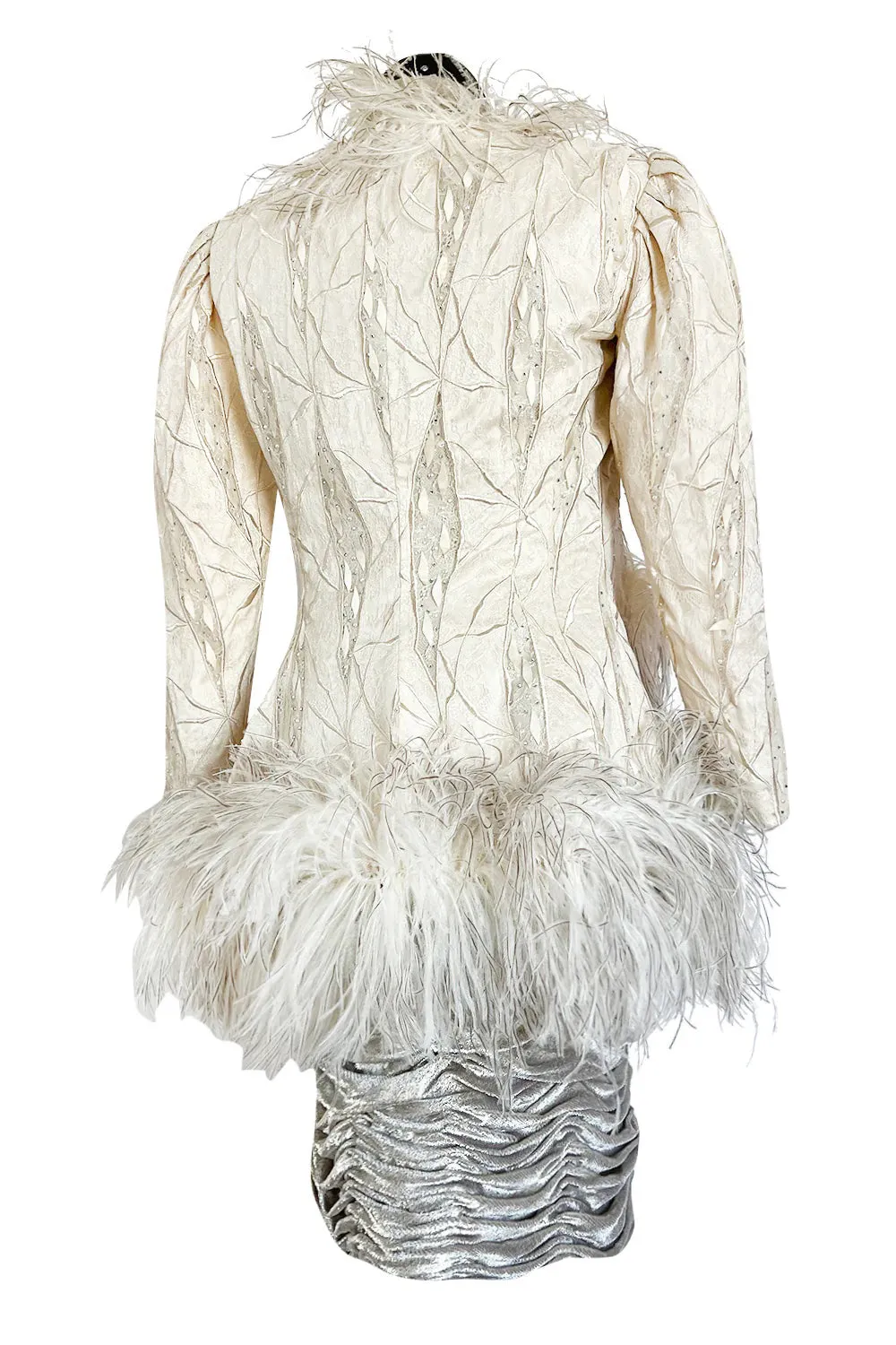 Documented Fall 1984 Emanuel Ungaro Haute Couture Silver Velvet Dress & Feather Jacket