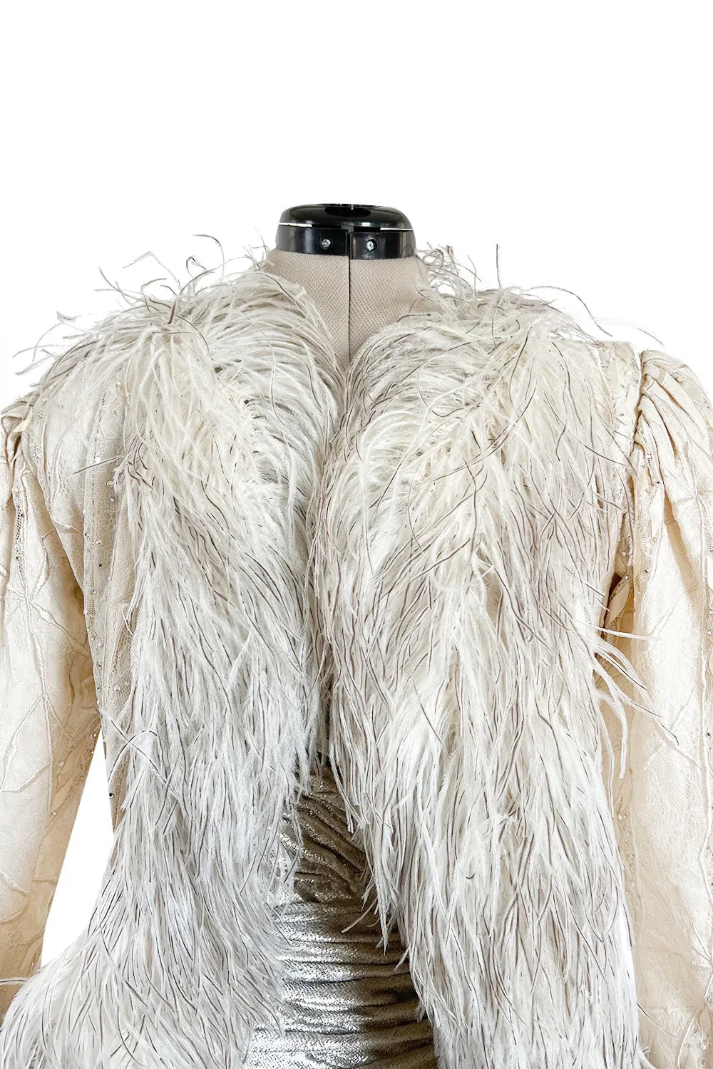 Documented Fall 1984 Emanuel Ungaro Haute Couture Silver Velvet Dress & Feather Jacket