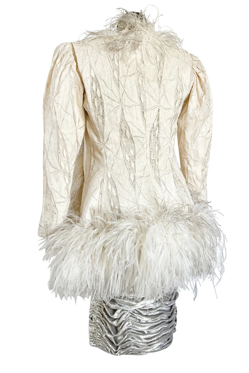 Documented Fall 1984 Emanuel Ungaro Haute Couture Silver Velvet Dress & Feather Jacket