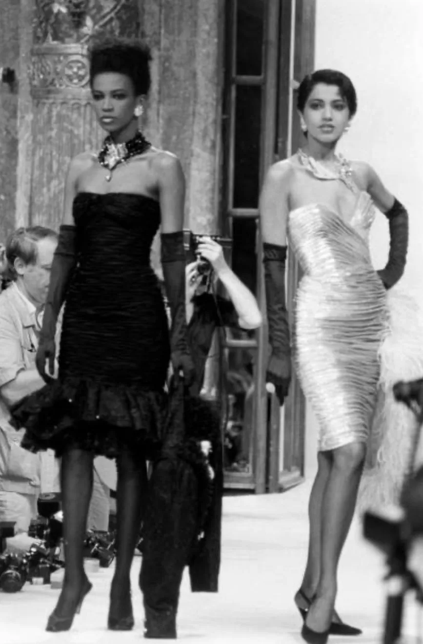 Documented Fall 1984 Emanuel Ungaro Haute Couture Silver Velvet Dress & Feather Jacket