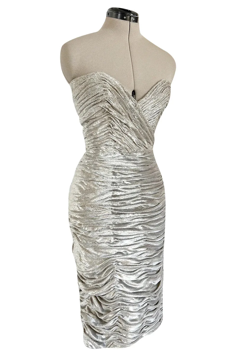 Documented Fall 1984 Emanuel Ungaro Haute Couture Silver Velvet Dress & Feather Jacket