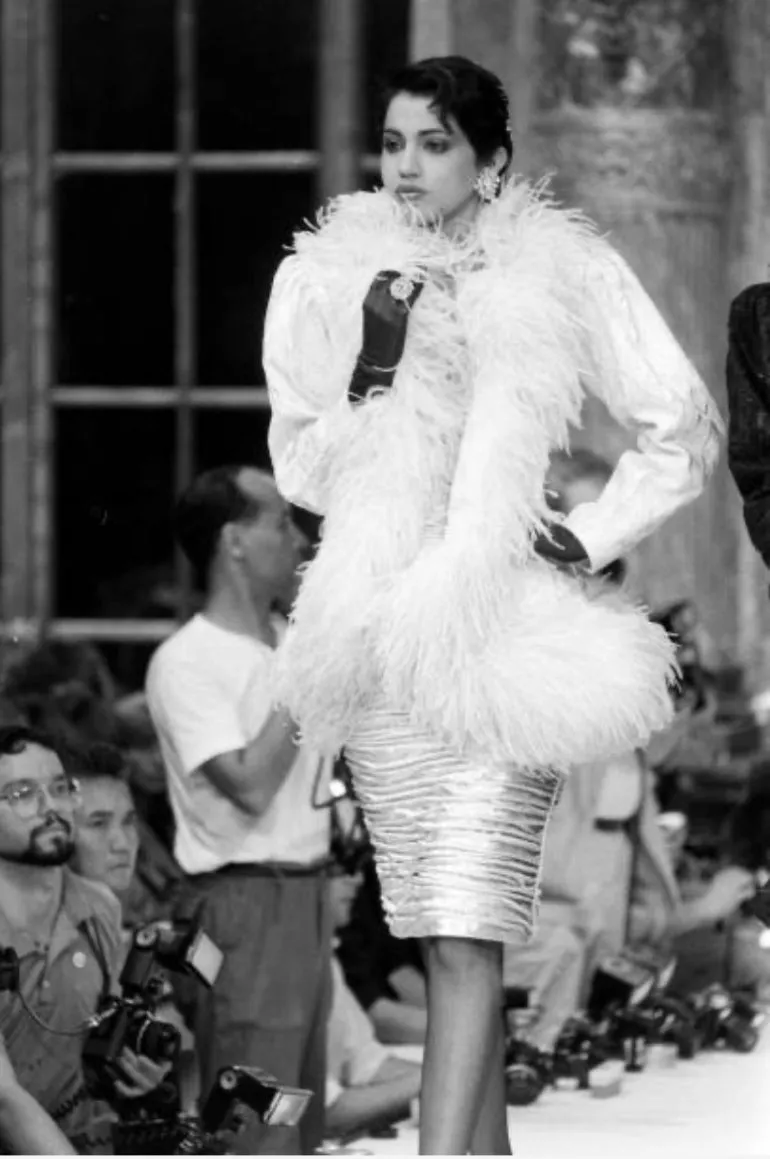 Documented Fall 1984 Emanuel Ungaro Haute Couture Silver Velvet Dress & Feather Jacket