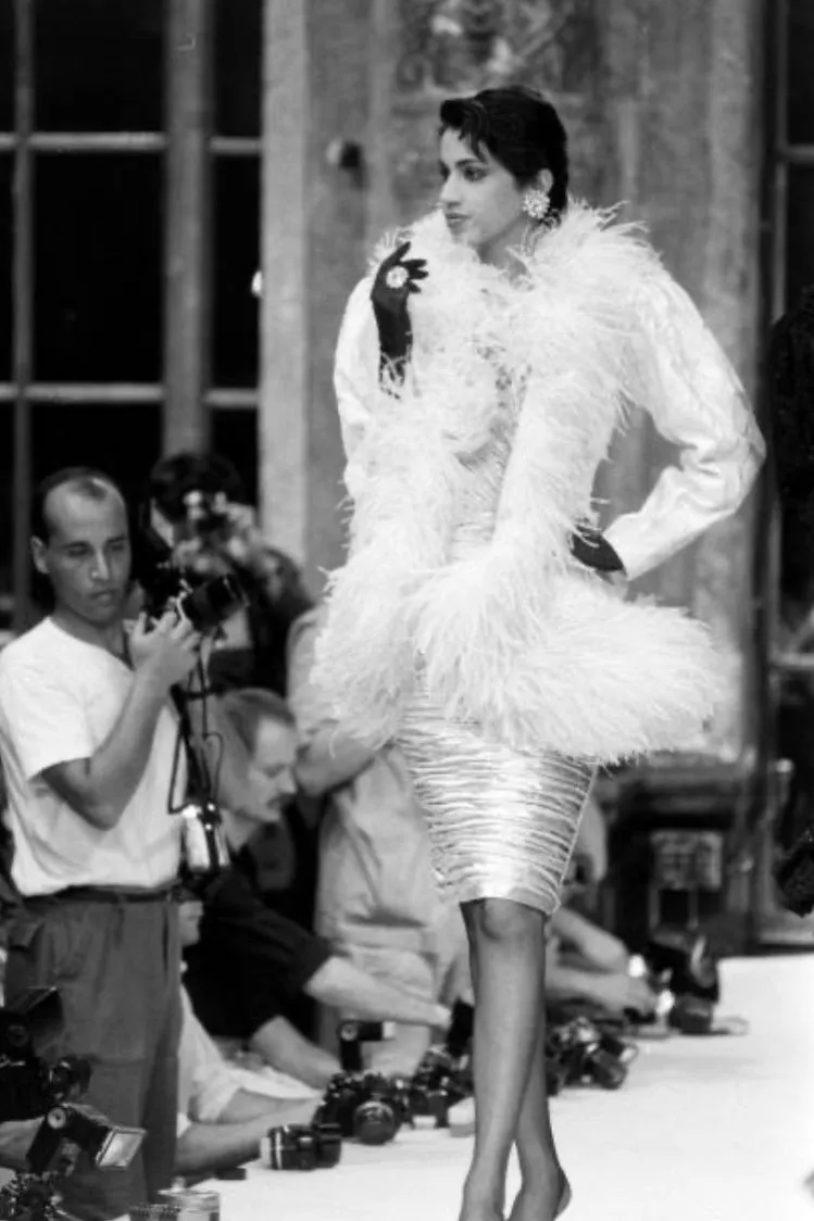 Documented Fall 1984 Emanuel Ungaro Haute Couture Silver Velvet Dress & Feather Jacket