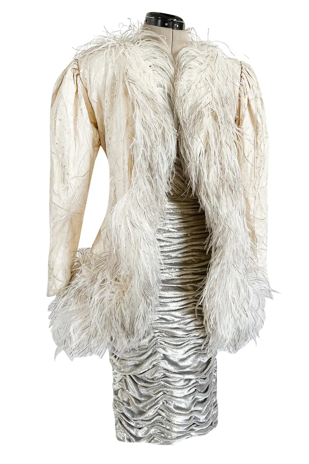 Documented Fall 1984 Emanuel Ungaro Haute Couture Silver Velvet Dress & Feather Jacket